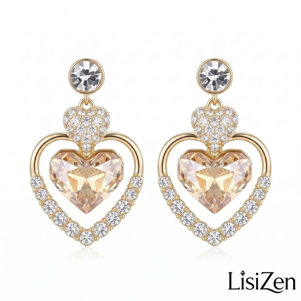LisiZen Gold Tone Champagne Crystal Double Heart Dangle Earrings